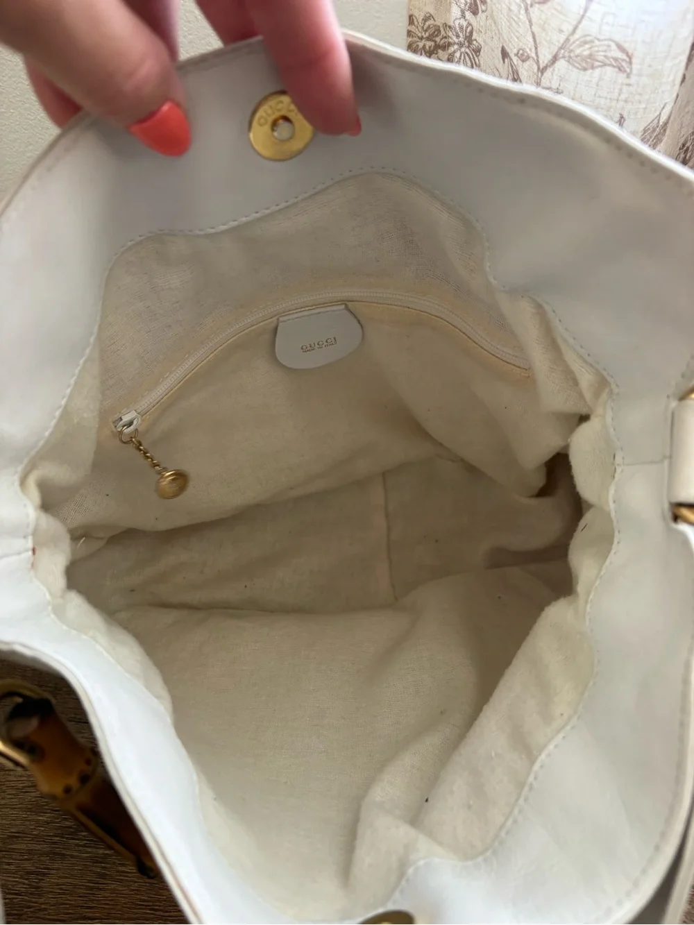 Gucci White Leather Bamboo-Handle Bag